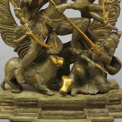 Brassaura® Goddess Durga Slaying Mahishasura Brass Statue | Mahishasura Mardini Form | Height 12.5 Inches & Weight 8.02 Kgs