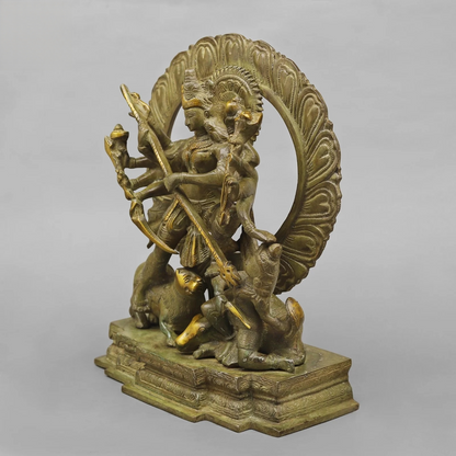 Brassaura® Goddess Durga Slaying Mahishasura Brass Statue | Mahishasura Mardini Form | Height 12.5 Inches & Weight 8.02 Kgs