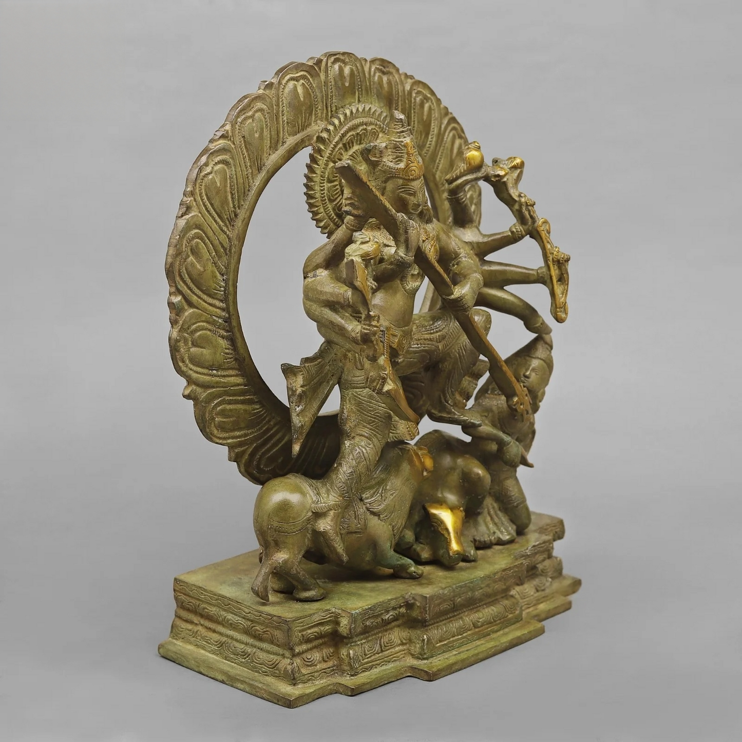 Brassaura® Goddess Durga Slaying Mahishasura Brass Statue | Mahishasura Mardini Form | Height 12.5 Inches & Weight 8.02 Kgs