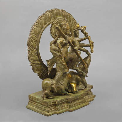 Brassaura® Goddess Durga Slaying Mahishasura Brass Statue | Mahishasura Mardini Form | Height 12.5 Inches & Weight 8.02 Kgs