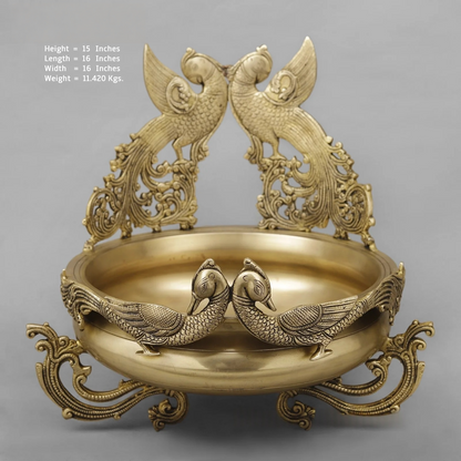 Brassaura® Peacock Brass Urli Bowl | Ornate Decorative Centerpiece | Height 15 Inches & Weight 11.42 Kgs