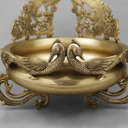 Brassaura® Peacock Brass Urli Bowl | Ornate Decorative Centerpiece | Height 15 Inches & Weight 11.42 Kgs