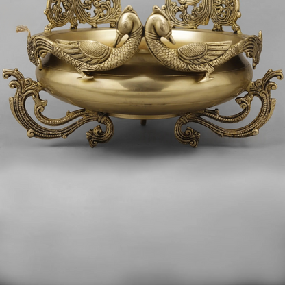 Brassaura® Peacock Brass Urli Bowl | Ornate Decorative Centerpiece | Height 15 Inches & Weight 11.42 Kgs