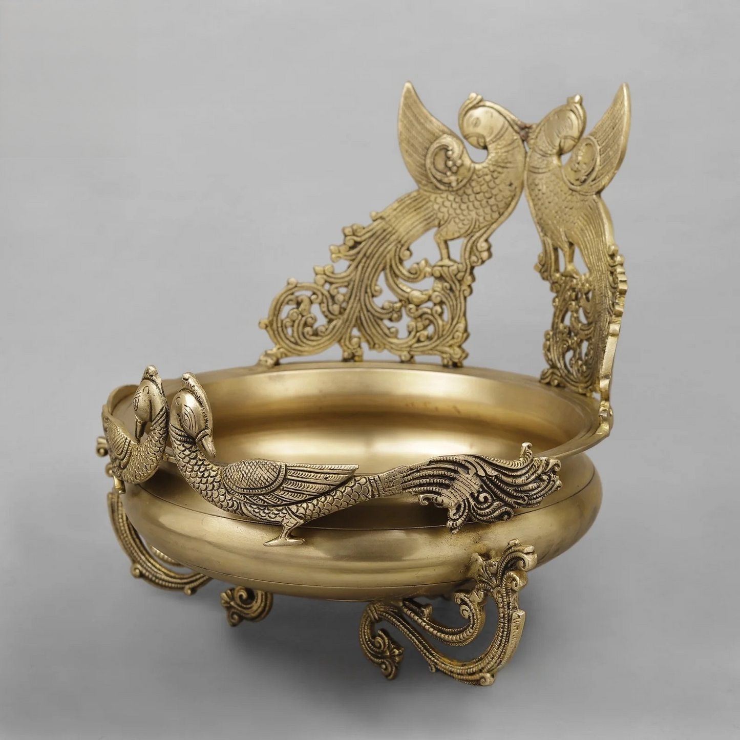 Brassaura® Peacock Brass Urli Bowl | Ornate Decorative Centerpiece | Height 15 Inches & Weight 11.42 Kgs