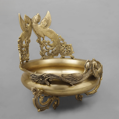 Brassaura® Peacock Brass Urli Bowl | Ornate Decorative Centerpiece | Height 15 Inches & Weight 11.42 Kgs