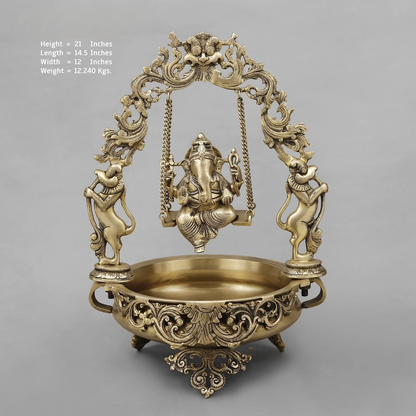 Brassaura® Lord Ganesha Jhula Brass Urli | Ornate Temple Design | Height 21 Inches & Weight 12.24 Kgs