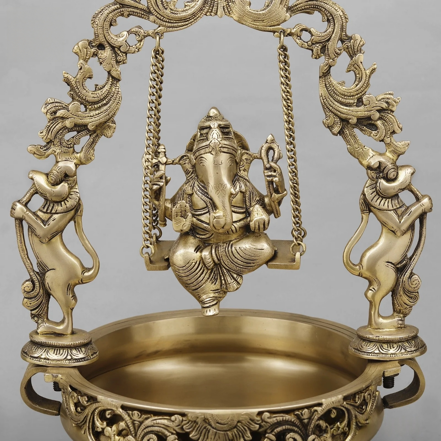 Brassaura® Lord Ganesha Jhula Brass Urli | Ornate Temple Design | Height 21 Inches & Weight 12.24 Kgs