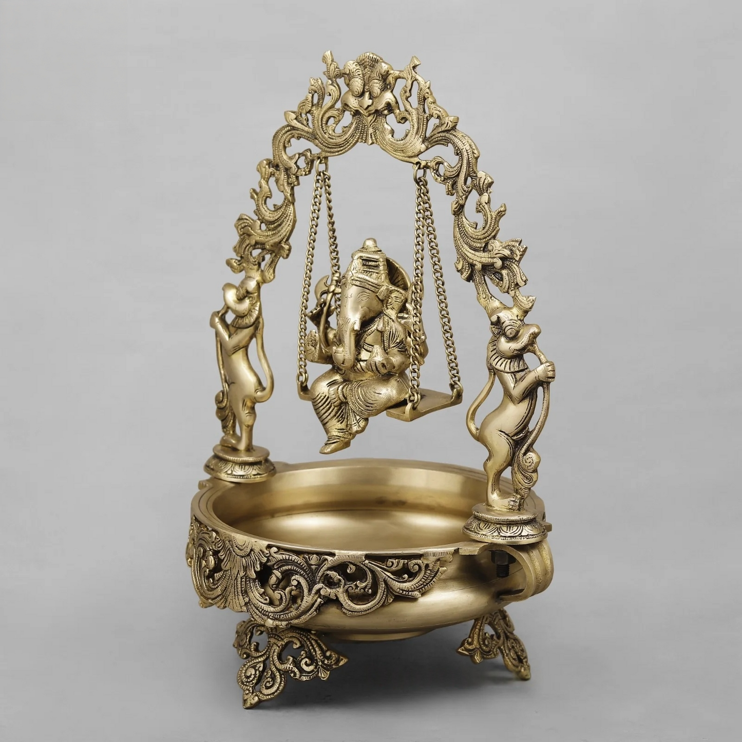 Brassaura® Lord Ganesha Jhula Brass Urli | Ornate Temple Design | Height 21 Inches & Weight 12.24 Kgs