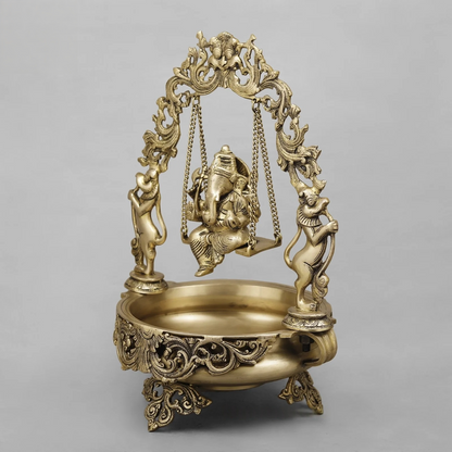 Brassaura® Lord Ganesha Jhula Brass Urli | Ornate Temple Design | Height 21 Inches & Weight 12.24 Kgs