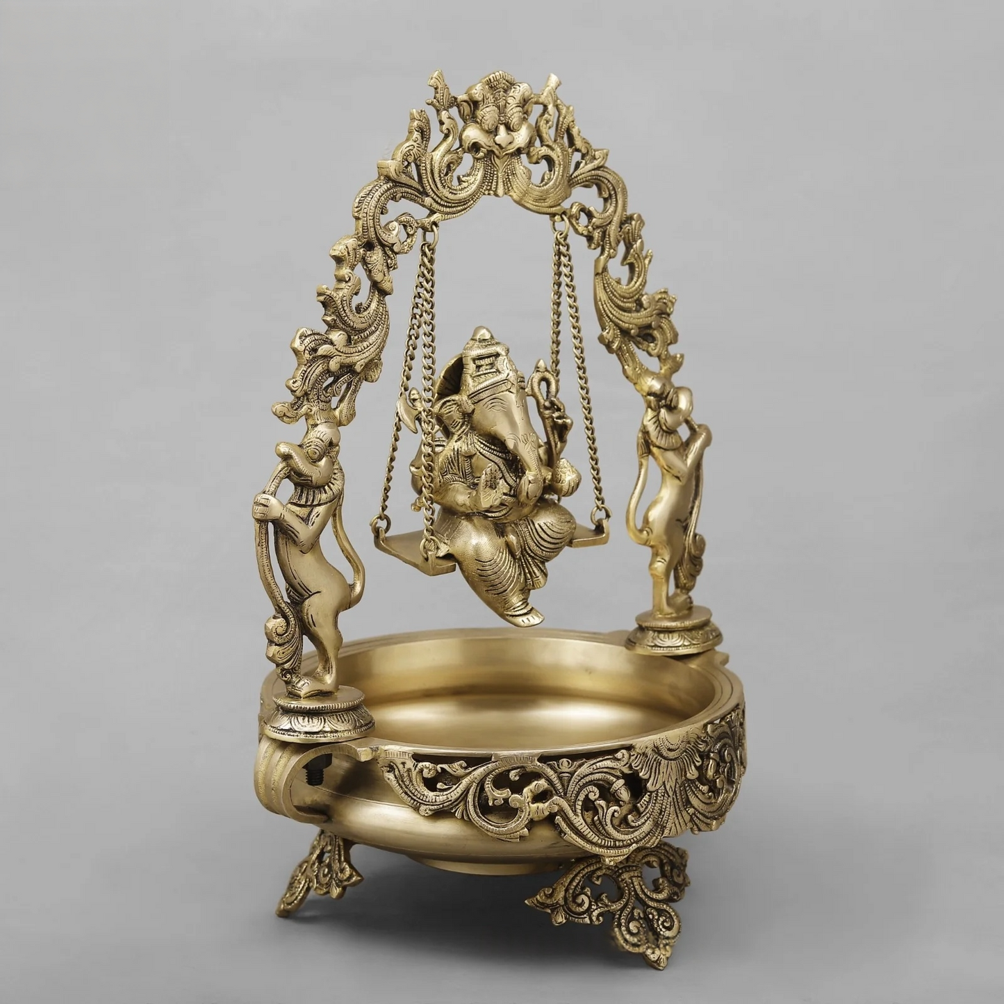 Brassaura® Lord Ganesha Jhula Brass Urli | Ornate Temple Design | Height 21 Inches & Weight 12.24 Kgs