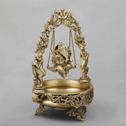 Brassaura® Lord Ganesha Jhula Brass Urli | Ornate Temple Design | Height 21 Inches & Weight 12.24 Kgs