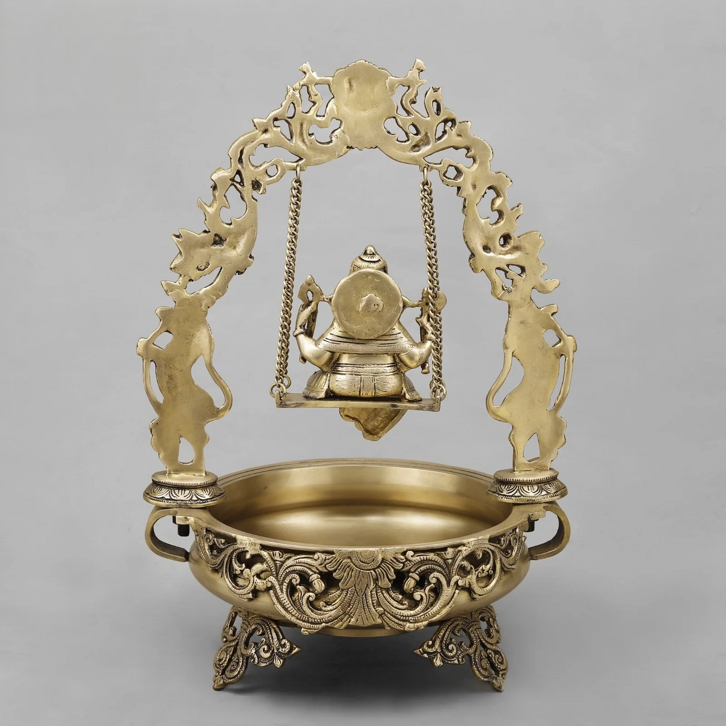 Brassaura® Lord Ganesha Jhula Brass Urli | Ornate Temple Design | Height 21 Inches & Weight 12.24 Kgs