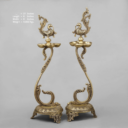 Brassaura® Peacock Deepam Brass Floor Lamp Pair | Traditional Temple Design | Height 27 Inches & Weight 9.86 Kgs