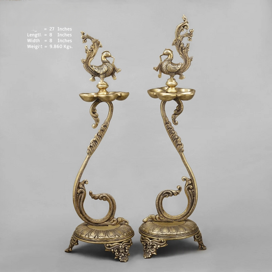 Brassaura® Peacock Deepam Brass Floor Lamp Pair | Traditional Temple Design | Height 27 Inches & Weight 9.86 Kgs