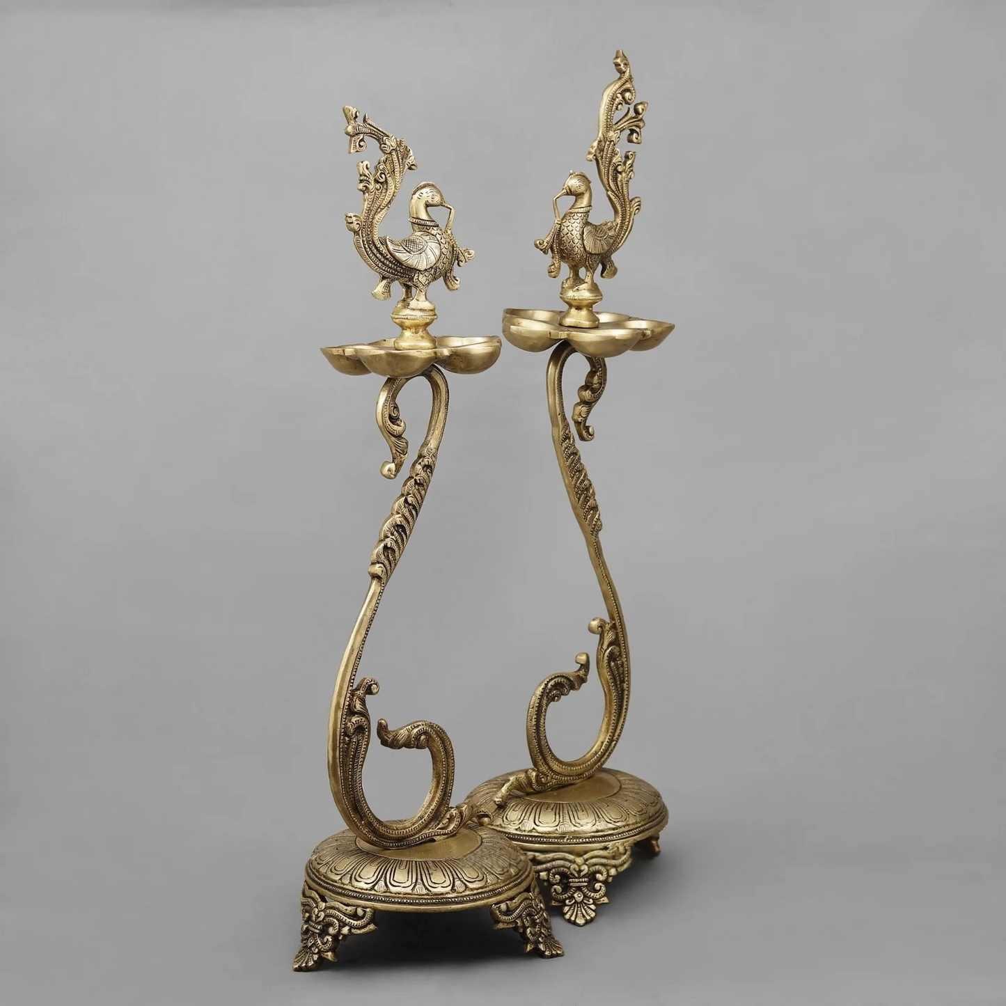 Brassaura® Peacock Deepam Brass Floor Lamp Pair | Traditional Temple Design | Height 27 Inches & Weight 9.86 Kgs