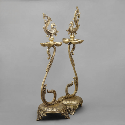 Brassaura® Peacock Deepam Brass Floor Lamp Pair | Traditional Temple Design | Height 27 Inches & Weight 9.86 Kgs