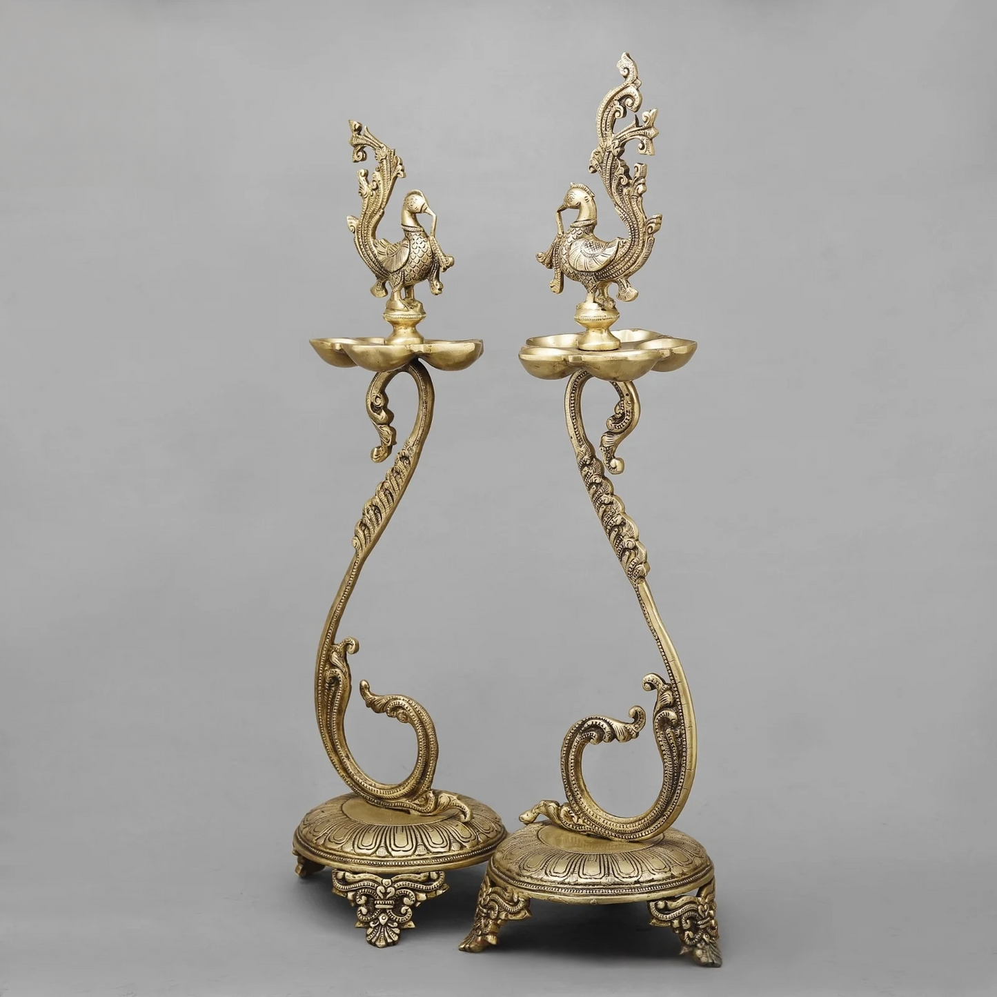 Brassaura® Peacock Deepam Brass Floor Lamp Pair | Traditional Temple Design | Height 27 Inches & Weight 9.86 Kgs