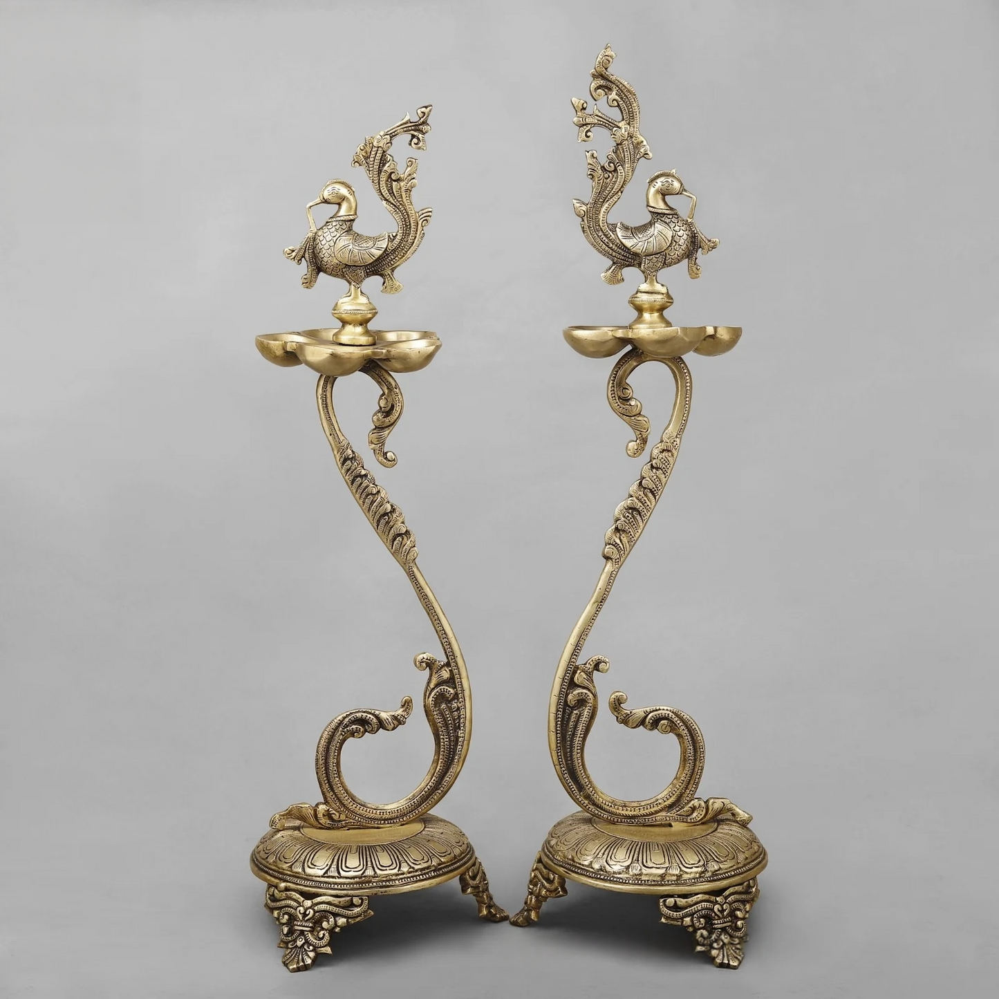 Brassaura® Peacock Deepam Brass Floor Lamp Pair | Traditional Temple Design | Height 27 Inches & Weight 9.86 Kgs