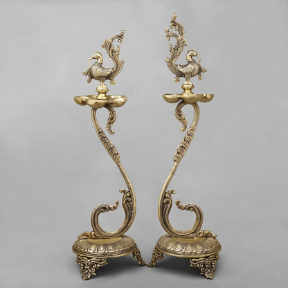 Brassaura® Peacock Deepam Brass Floor Lamp Pair | Traditional Temple Design | Height 27 Inches & Weight 9.86 Kgs