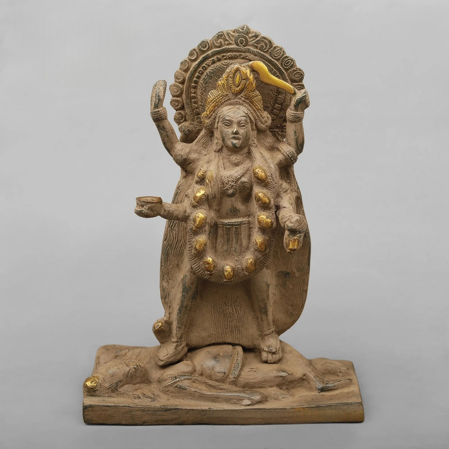 Brassaura® Brass Maa Kali Statue | Handcrafted Premium Brass Kali Mata Murti for Home Temple, Pooja & Spiritual Décor | Antique Green & Gold Finish | 10.5 Inches | 3.64 Kg
