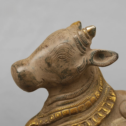 Brassaura® Brass Nandi Bull Statue | Handcrafted Sacred Nandi Maharaj Idol for Home Temple, Pooja & Spiritual Décor | Antique Green & Gold Finish | 7 Inches | 3.36 Kg