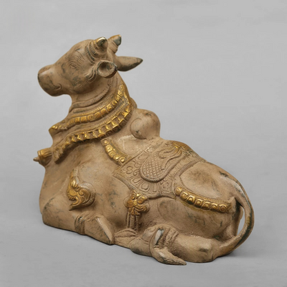 Brassaura® Brass Nandi Bull Statue | Handcrafted Sacred Nandi Maharaj Idol for Home Temple, Pooja & Spiritual Décor | Antique Green & Gold Finish | 7 Inches | 3.36 Kg