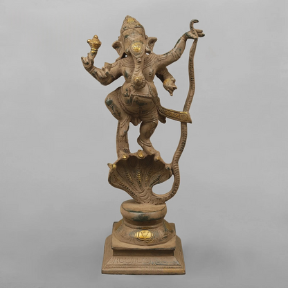 Brassaura® Brass Dancing Lord Ganesha with Serpent Arch | Handcrafted Premium Brass Ganpati Murti for Home Temple, Office & Spiritual Décor | Antique Finish | 12.5 Inches | 3.76 Kg