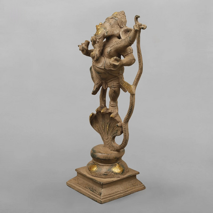 Brassaura® Brass Dancing Lord Ganesha with Serpent Arch | Handcrafted Premium Brass Ganpati Murti for Home Temple, Office & Spiritual Décor | Antique Finish | 12.5 Inches | 3.76 Kg