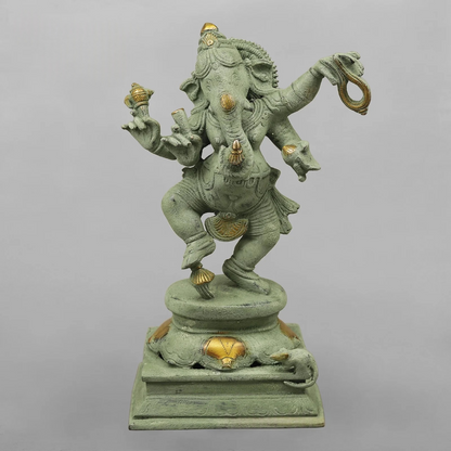 Brassaura® Brass Dancing Ganesha Idol | Handcrafted Lord Ganesh Murti for Home Temple, Living Room & Office Décor | Antique Green Finish | Premium Brass Statue | 12.5 Inches | 5.16 Kg