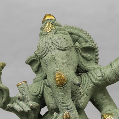 Brassaura® Brass Dancing Ganesha Idol | Handcrafted Lord Ganesh Murti for Home Temple, Living Room & Office Décor | Antique Green Finish | Premium Brass Statue | 12.5 Inches | 5.16 Kg