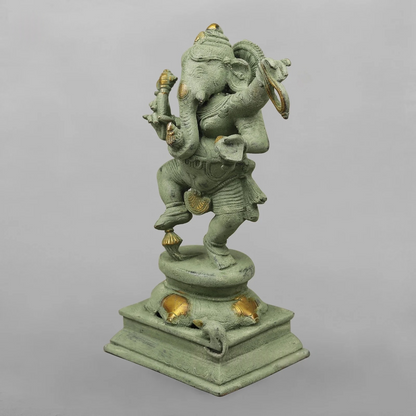 Brassaura® Brass Dancing Ganesha Idol | Handcrafted Lord Ganesh Murti for Home Temple, Living Room & Office Décor | Antique Green Finish | Premium Brass Statue | 12.5 Inches | 5.16 Kg