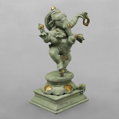 Brassaura® Brass Dancing Ganesha Idol | Handcrafted Lord Ganesh Murti for Home Temple, Living Room & Office Décor | Antique Green Finish | Premium Brass Statue | 12.5 Inches | 5.16 Kg