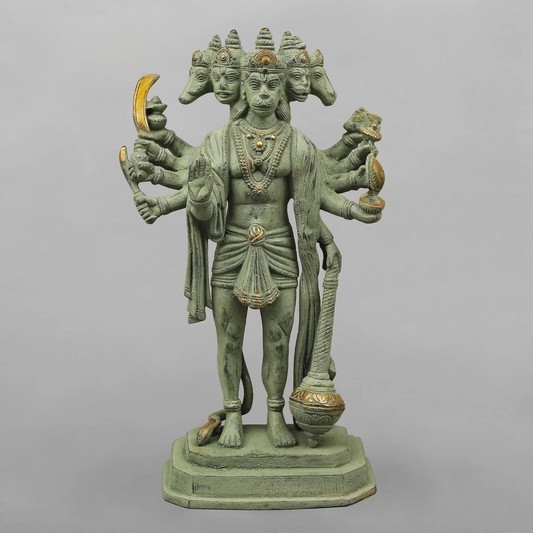 Brassaura® Brass Panchamukhi Hanuman Statue | Handcrafted Five-Faced Hanuman Idol for Home Temple, Pooja Room & Office Décor | Antique Green Finish | Premium Brass Murti | 13.5 Inches | 5.9 Kg