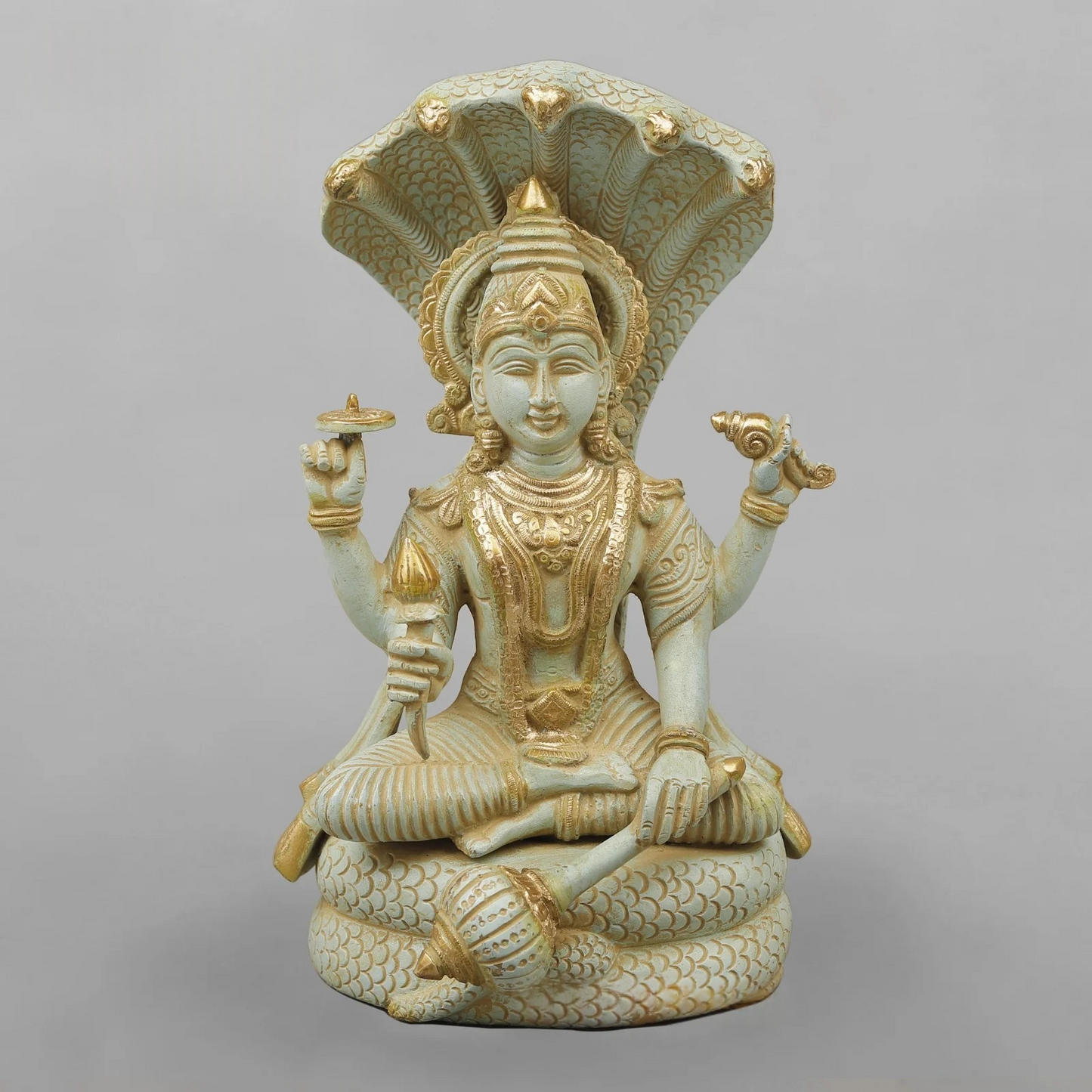 Brassaura® Brass Lord Vishnu Idol | Seated Vishnu Murti on Sheshnag with Intricate Traditional Detailing | Sacred Brass Sculpture for Home Temple, Spiritual Décor & Gifting | 13 Inches | 7.7 Kg