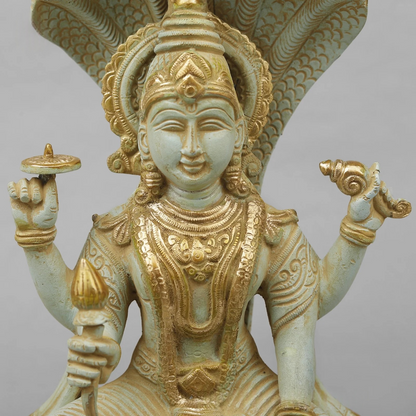 Brassaura® Brass Lord Vishnu Idol | Seated Vishnu Murti on Sheshnag with Intricate Traditional Detailing | Sacred Brass Sculpture for Home Temple, Spiritual Décor & Gifting | 13 Inches | 7.7 Kg