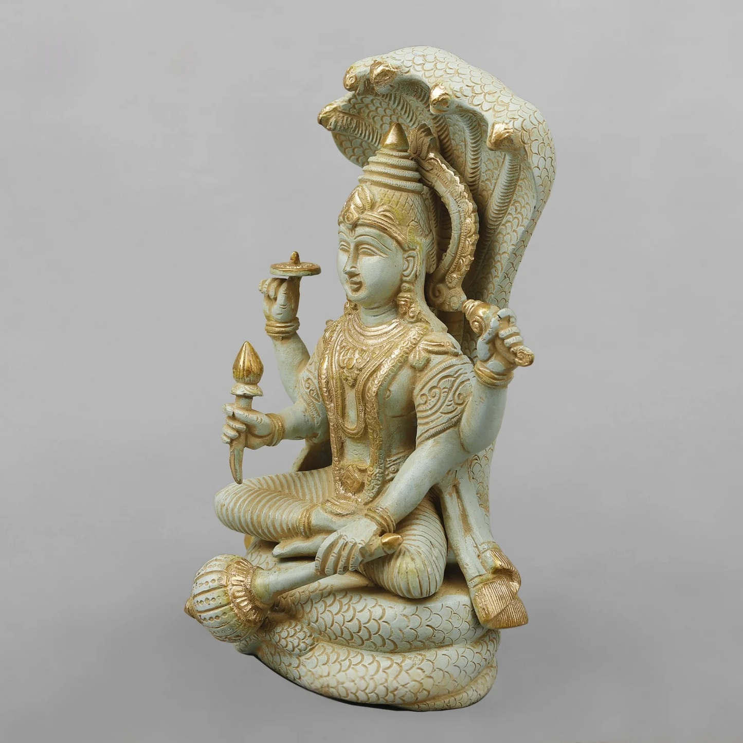 Brassaura® Brass Lord Vishnu Idol | Seated Vishnu Murti on Sheshnag with Intricate Traditional Detailing | Sacred Brass Sculpture for Home Temple, Spiritual Décor & Gifting | 13 Inches | 7.7 Kg