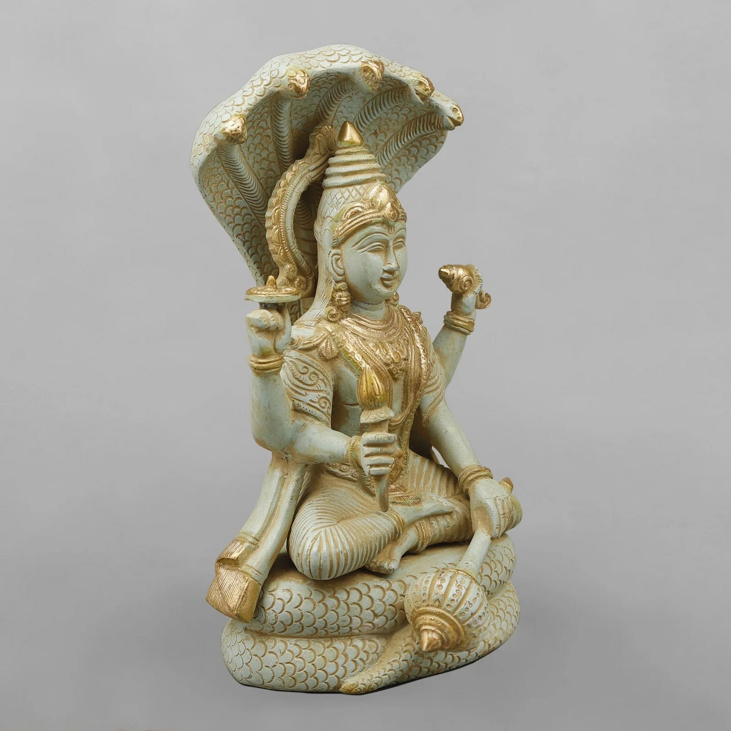 Brassaura® Brass Lord Vishnu Idol | Seated Vishnu Murti on Sheshnag with Intricate Traditional Detailing | Sacred Brass Sculpture for Home Temple, Spiritual Décor & Gifting | 13 Inches | 7.7 Kg