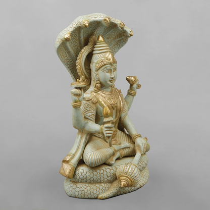 Brassaura® Brass Lord Vishnu Idol | Seated Vishnu Murti on Sheshnag with Intricate Traditional Detailing | Sacred Brass Sculpture for Home Temple, Spiritual Décor & Gifting | 13 Inches | 7.7 Kg