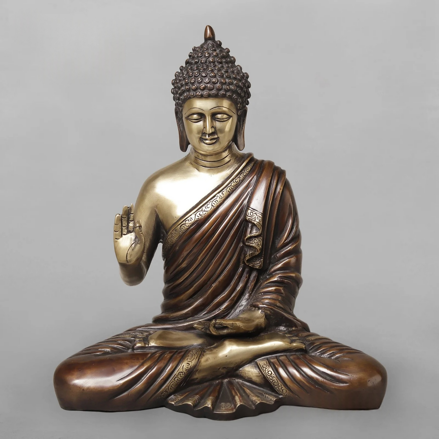 Brassaura® Brass Meditating Buddha Statue | Seated Buddha Idol in Abhaya Mudra with Antique Dual-Tone Finish | Premium Brass Sculpture for Home Décor, Meditation & Gifting | 15 Inches | 8.16 Kg