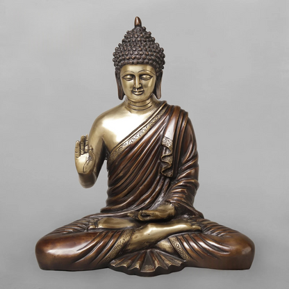 Brassaura® Brass Meditating Buddha Statue | Seated Buddha Idol in Abhaya Mudra with Antique Dual-Tone Finish | Premium Brass Sculpture for Home Décor, Meditation & Gifting | 15 Inches | 8.16 Kg