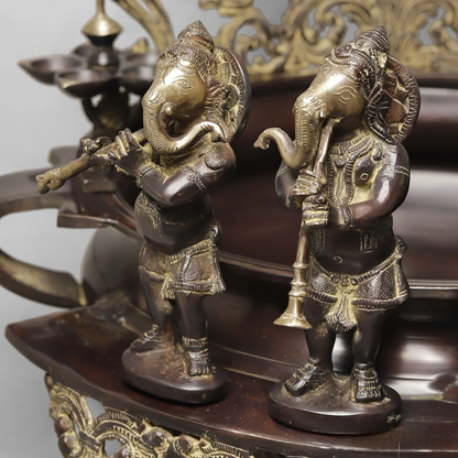 Brassaura® Brass Lord Ganesha Musical Ensemble Urli | Decorative Ganpati Fountain Bowl with Ornate Traditional Detailing | Premium Brass Centerpiece for Home Décor, Temple & Gifting | 30 Inches | 31.98 Kg