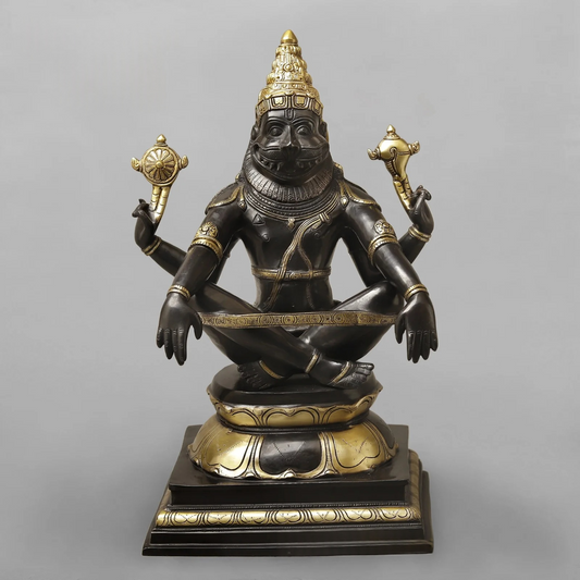 Brassaura® Brass Yoga Narasimha Idol | Lord Narasimha Seated Brass Statue | Antique Finish | Home Temple, Pooja Room & Spiritual Décor | Height 20 Inches | 16.12 Kg