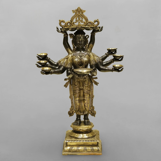 Brassaura® Ashtalakshmi Standing Deepam Idol with Golden & Black Patina Finish | Pure Superfine Brass Handcrafted Murti | Brass Statue for Home Temple| Height 48 Inches | Weight 60.4 Kgs