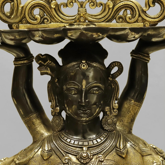 Brassaura® Ashtalakshmi Standing Deepam Idol with Golden & Black Patina Finish | Pure Superfine Brass Handcrafted Murti | Brass Statue for Home Temple| Height 48 Inches | Weight 60.4 Kgs