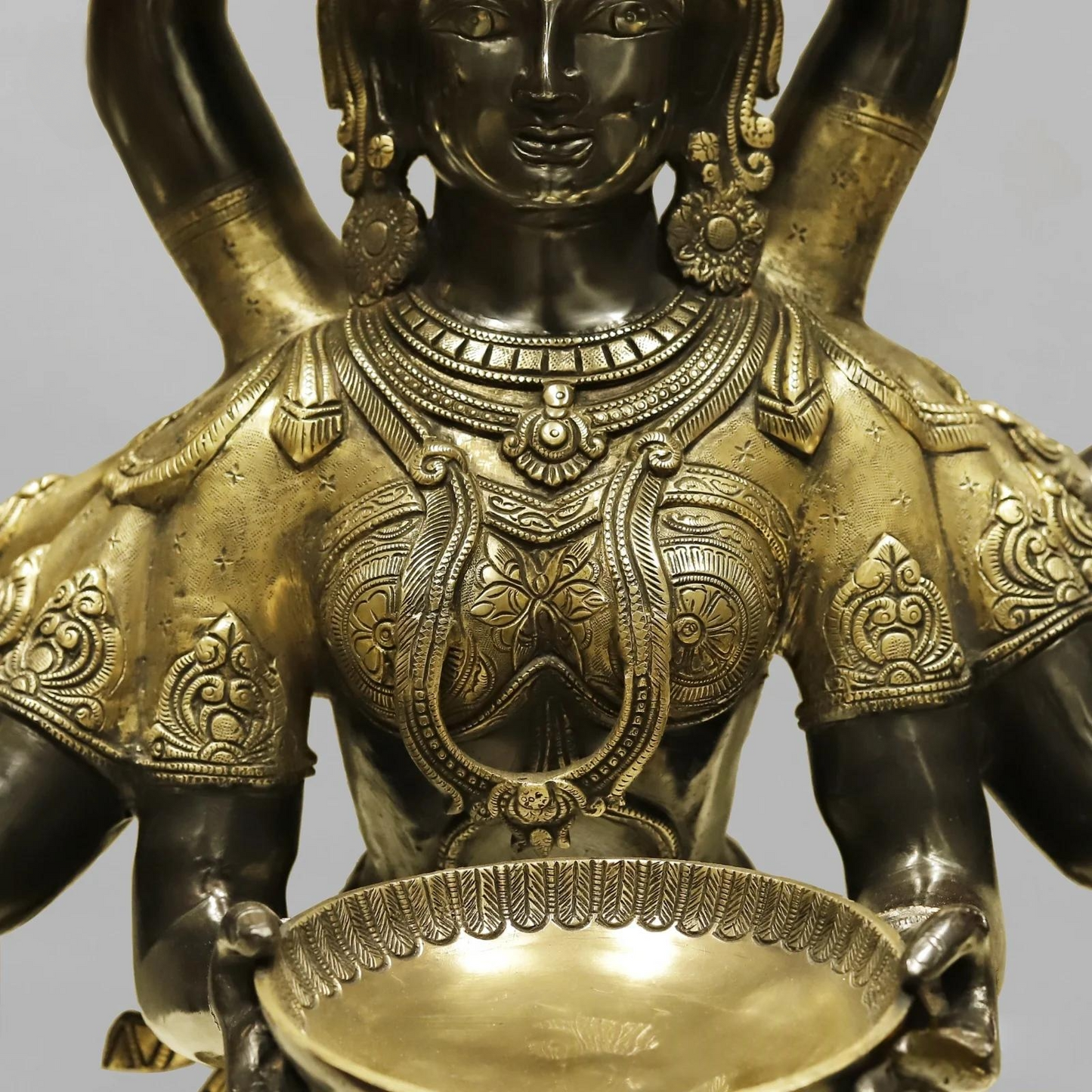 Brassaura® Ashtalakshmi Standing Deepam Idol with Golden & Black Patina Finish | Pure Superfine Brass Handcrafted Murti | Brass Statue for Home Temple| Height 48 Inches | Weight 60.4 Kgs