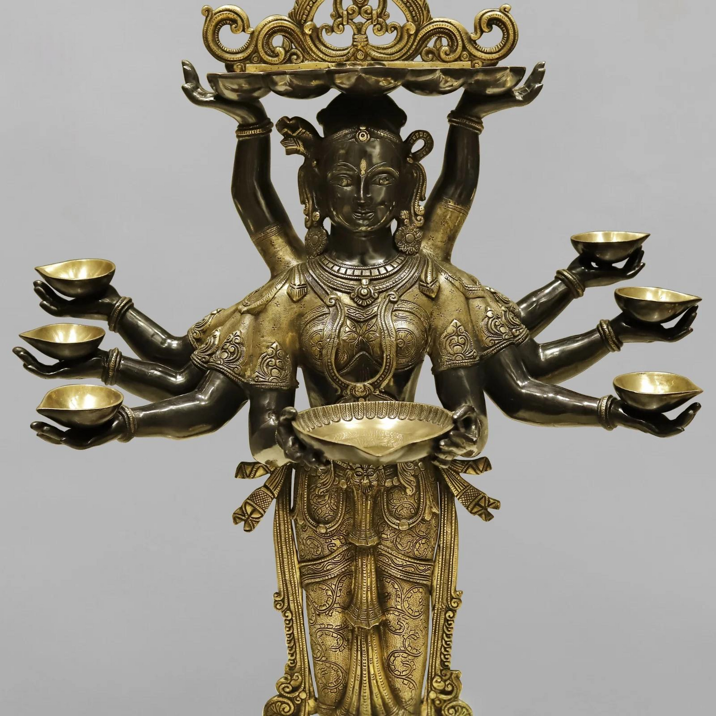 Brassaura® Ashtalakshmi Standing Deepam Idol with Golden & Black Patina Finish | Pure Superfine Brass Handcrafted Murti | Brass Statue for Home Temple| Height 48 Inches | Weight 60.4 Kgs