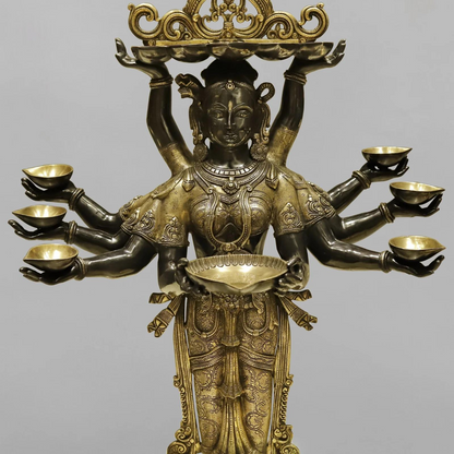 Brassaura® Ashtalakshmi Standing Deepam Idol with Golden & Black Patina Finish | Pure Superfine Brass Handcrafted Murti | Brass Statue for Home Temple| Height 48 Inches | Weight 60.4 Kgs