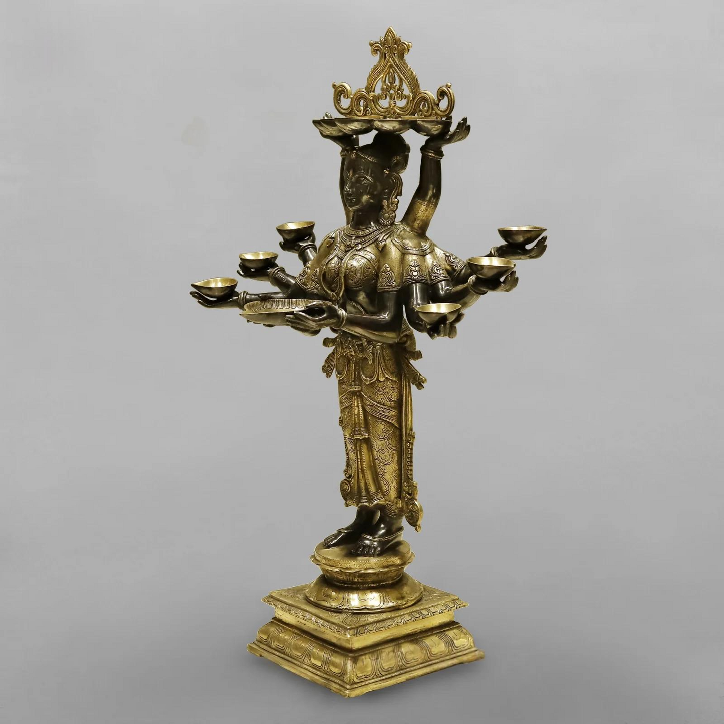 Brassaura® Ashtalakshmi Standing Deepam Idol with Golden & Black Patina Finish | Pure Superfine Brass Handcrafted Murti | Brass Statue for Home Temple| Height 48 Inches | Weight 60.4 Kgs