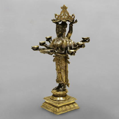 Brassaura® Ashtalakshmi Standing Deepam Idol with Golden & Black Patina Finish | Pure Superfine Brass Handcrafted Murti | Brass Statue for Home Temple| Height 48 Inches | Weight 60.4 Kgs