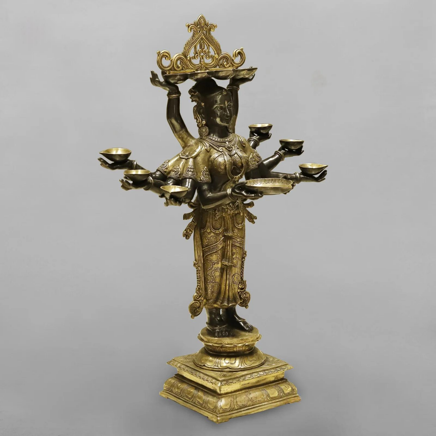 Brassaura® Ashtalakshmi Standing Deepam Idol with Golden & Black Patina Finish | Pure Superfine Brass Handcrafted Murti | Brass Statue for Home Temple| Height 48 Inches | Weight 60.4 Kgs